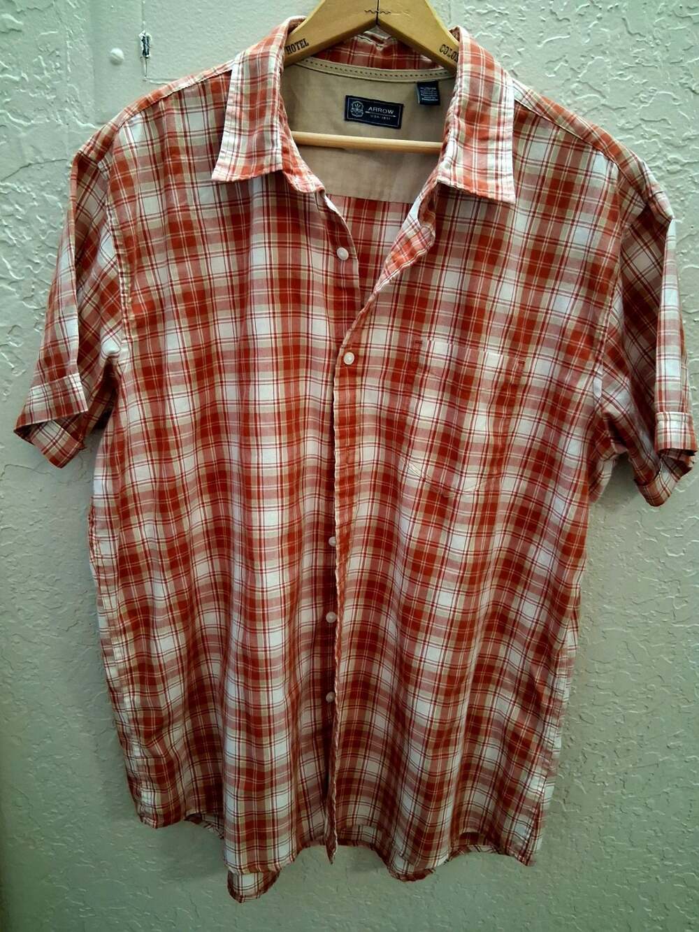 Arrow USA 1851 Orange White Plaid Short Sleeve Button Down Shirt XL